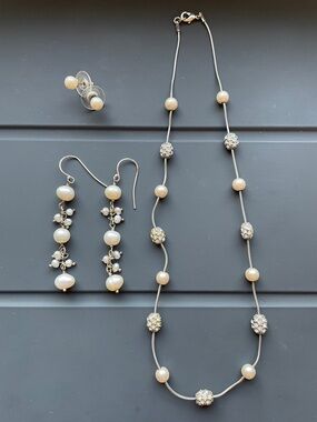 Pearl and Crystal Station Necklace with Pearl Drop and Pearl Stud Earrings